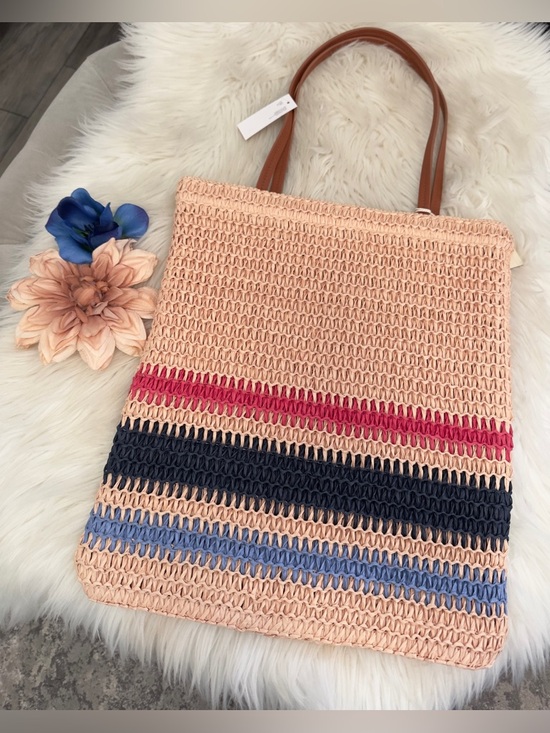 Handbags - Woven Straw Tote Bag or Beach Bag Tan Pink and Blues Sz MED NEW!